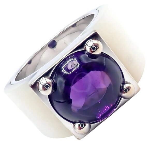 Rare! Authentic Van Cleef & Arpels 18k White Gold Amethyst Mother of Pearl Ring - Picture 1 of 11